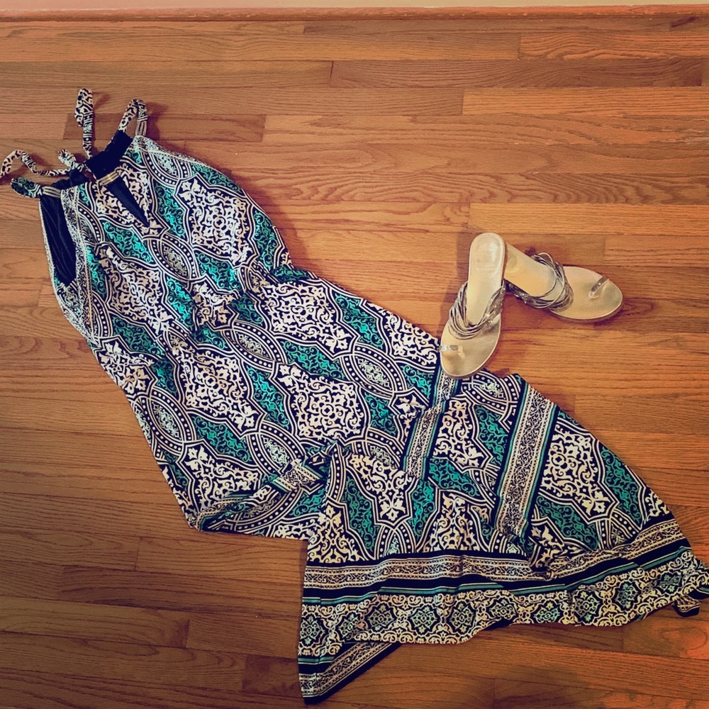 Maxi dress, turquoise and black print halter style
